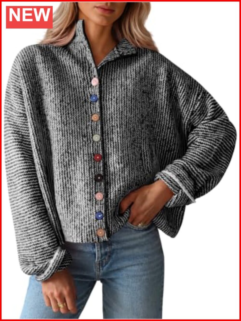 Striped Cardigan Sweater Chunky Knit Button Down Loose Fit